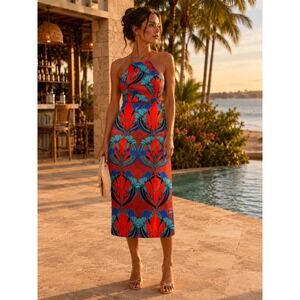 NWT Colcci Tropical Floral Halter Resort Dress Bold Resort Vacation Party Sz S